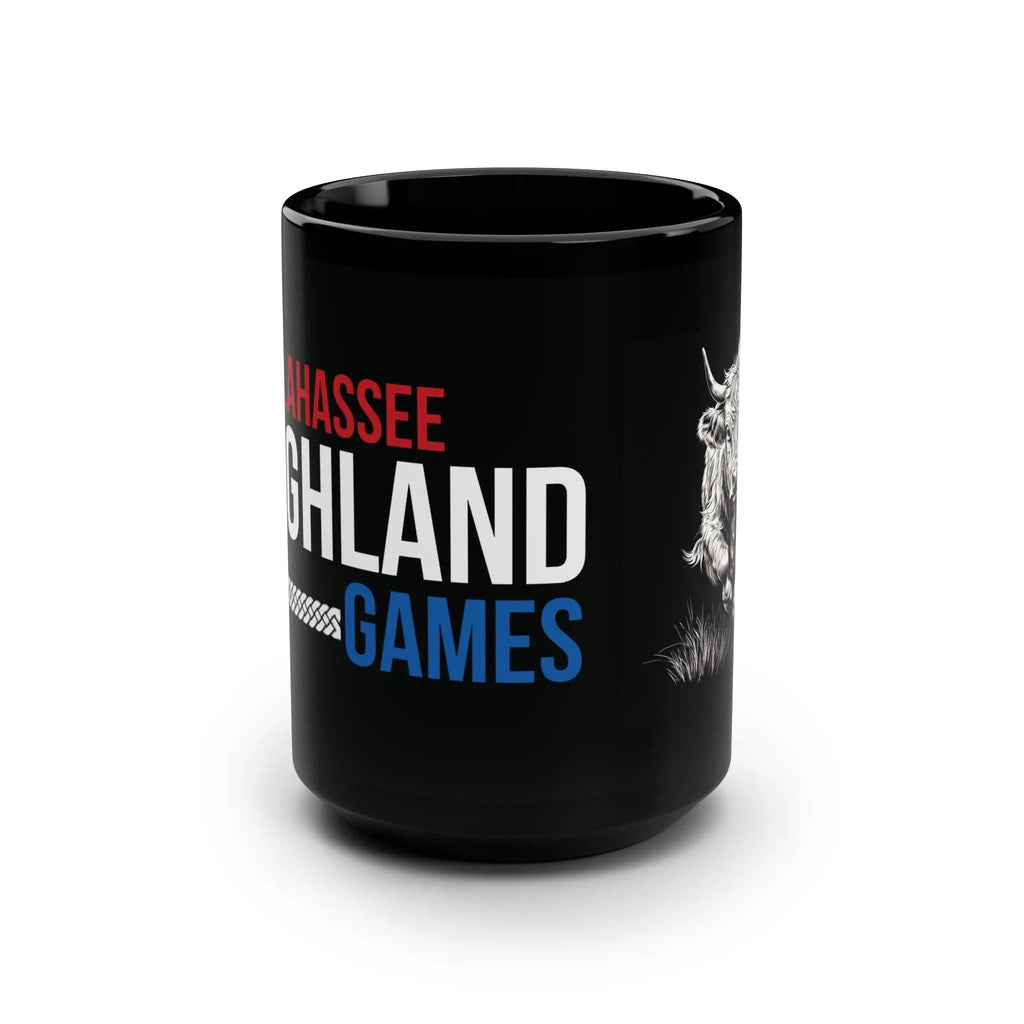 Tallahassee Highland Games Mug — 15oz Black Ceramic with Highland Cow Design Printify