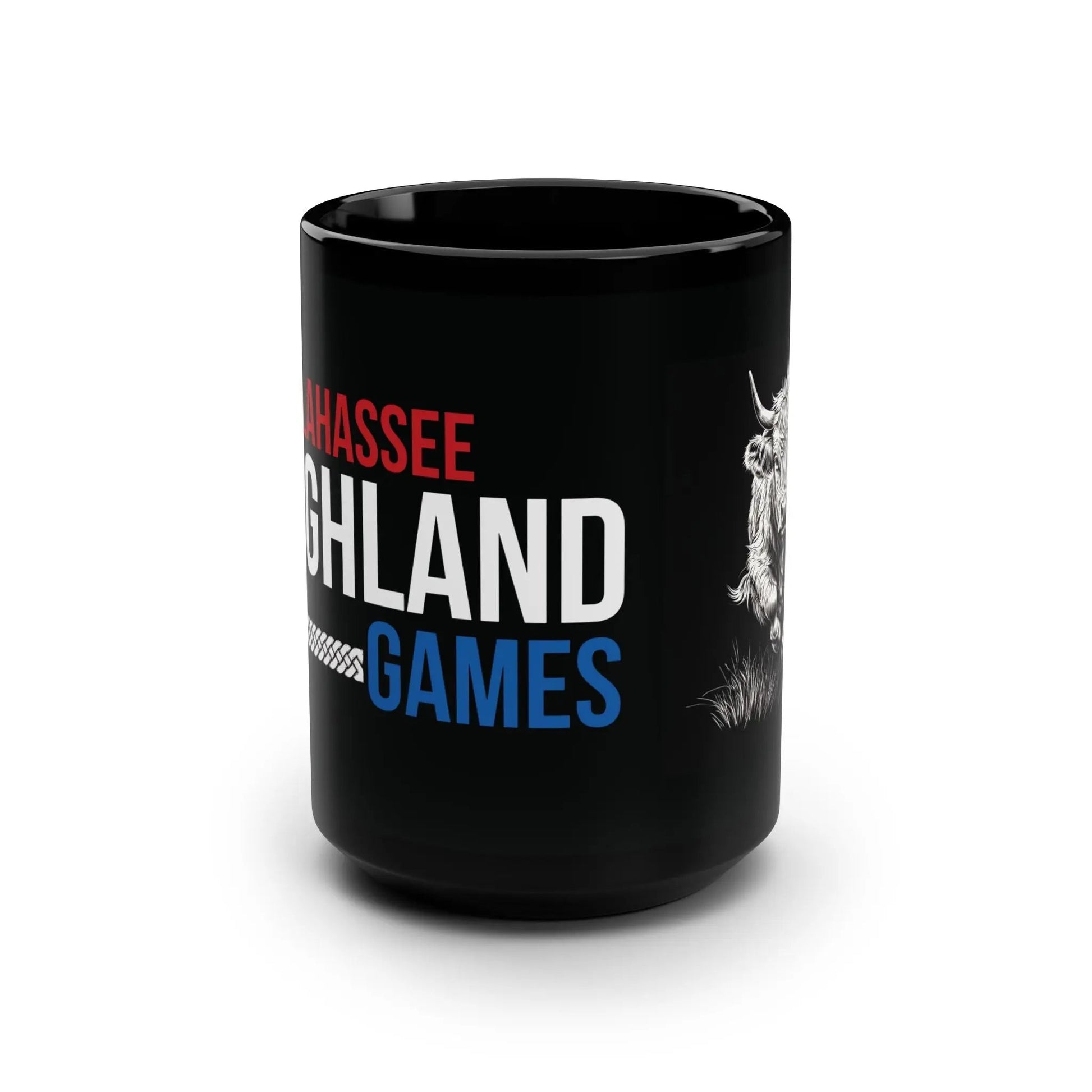 Tallahassee Highland Games Mug — 15oz Black Ceramic with Highland Cow Design Printify