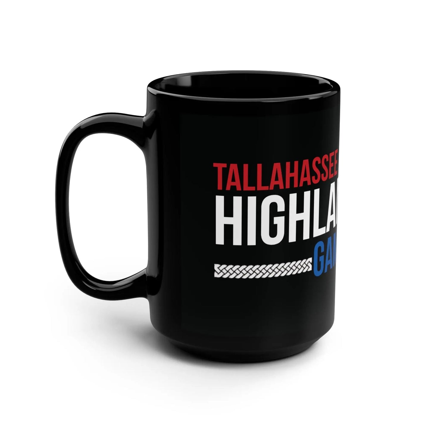 Tallahassee Highland Games Mug — 15oz Black Ceramic with Highland Cow Design Printify